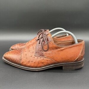 Cellini Tan Brown Genuine Alligator Ostrich Derby Shoes Size 9.5 EE2 US MENS